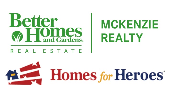 Green Better Homes and Gardens logo for McKenzie Realty with red, yellow and blue text below that says Homes for Heroes