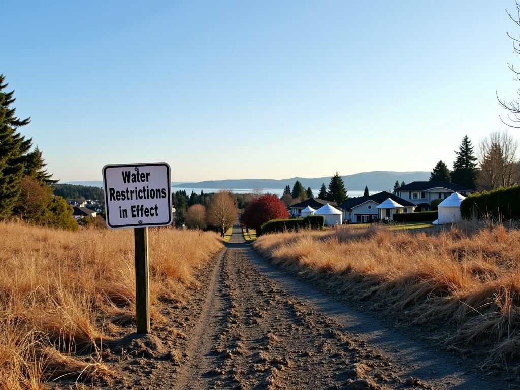 water restrictions - building your dream home along road with dry earth. homes in the distance